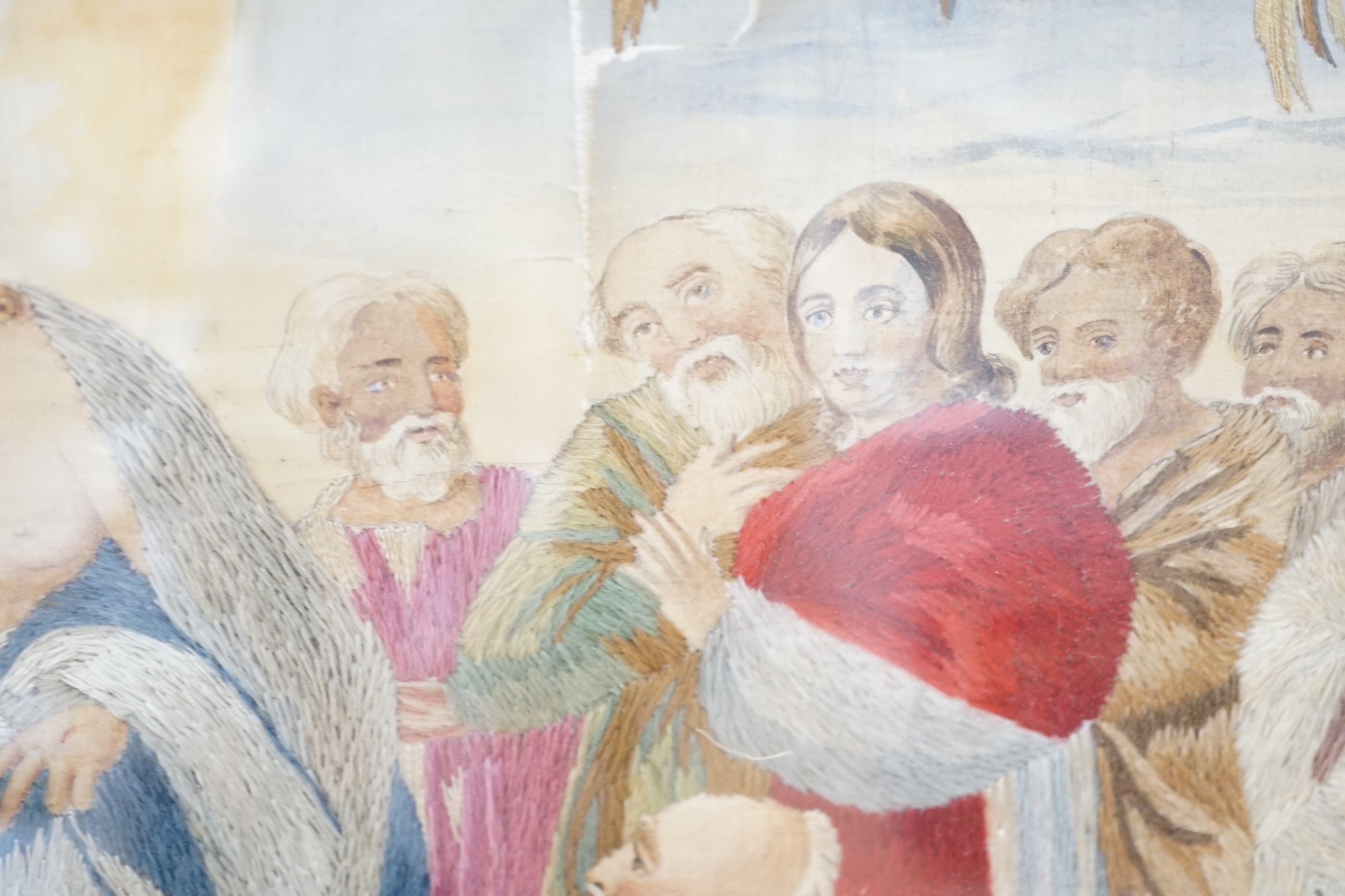 A Regency embroidered picture on silk of Christ and his Disciples, label verso “Sarah Tyler, 13 1/2 years, Her Work, Born 1811”, 55cm wide x 44cm high